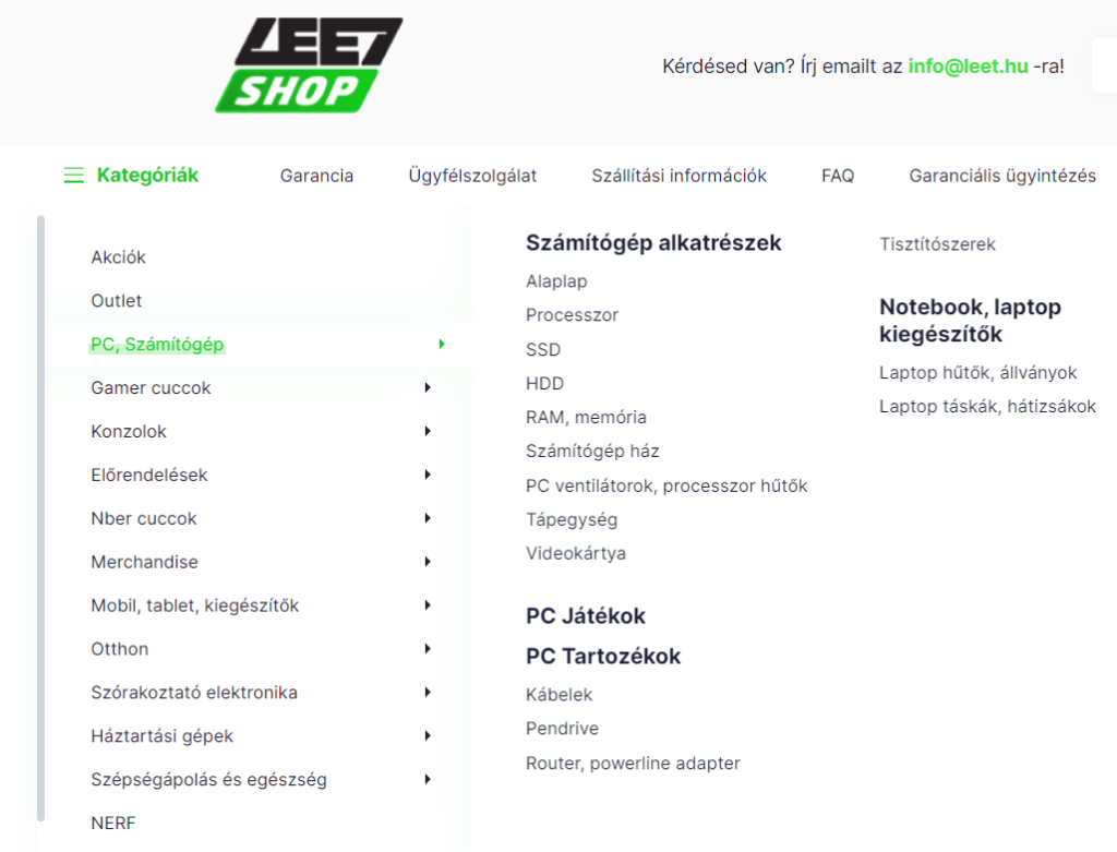 Navigation on the LEET Shop website