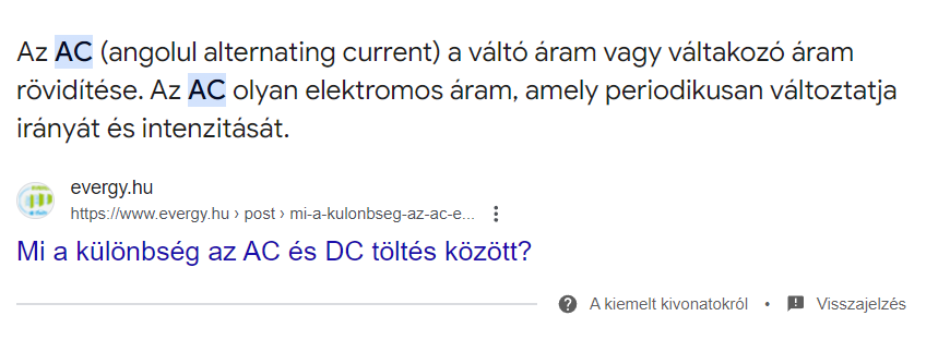 evergy-ac-jelentese-featured-snippet Kiemelt kivonat a Google oldalán 'ac jelentése' kifejezésre keresve