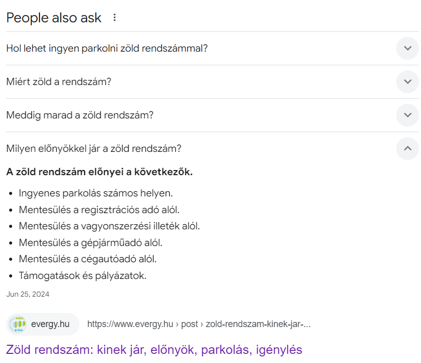 evergy-zold-rendszam-parkolas-people-also-ask-panel Evergy megjelenés a People Also Ask panelben